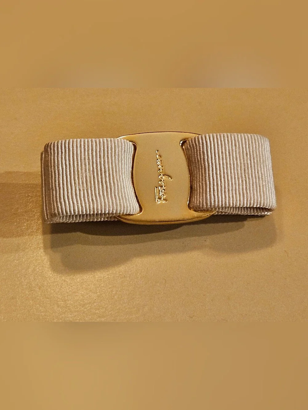 Salvatore Ferragamo Vara Bow Hair Clip Barrette Ivory Gold Authentic UPCYCLED